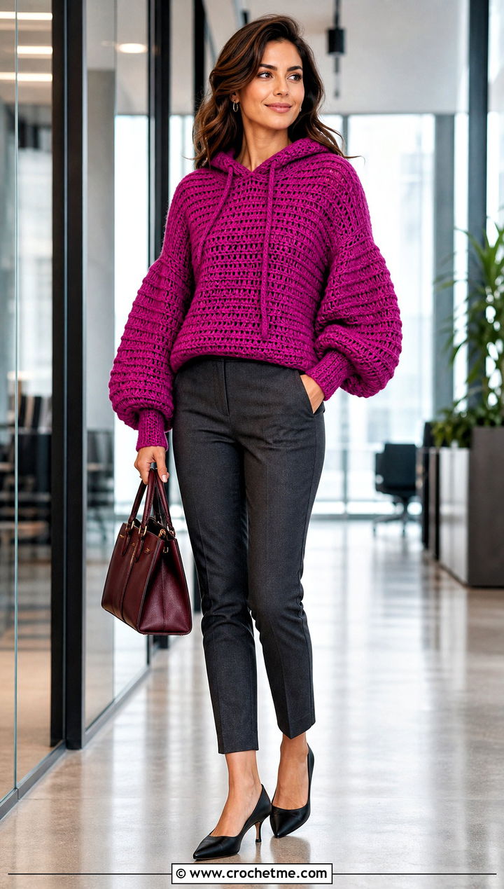 Balloon Sleeve Crochet Hooded Sweater With Slim Trousers - 30 crochet hooded sweater outfit ideas