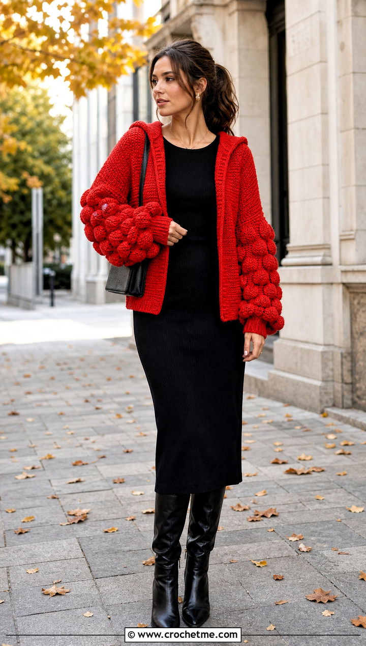Balloon Sleeve Crochet Hoodie Cardigan Over A Midi Dress - 30 crochet hoodie cardigan outfit ideas