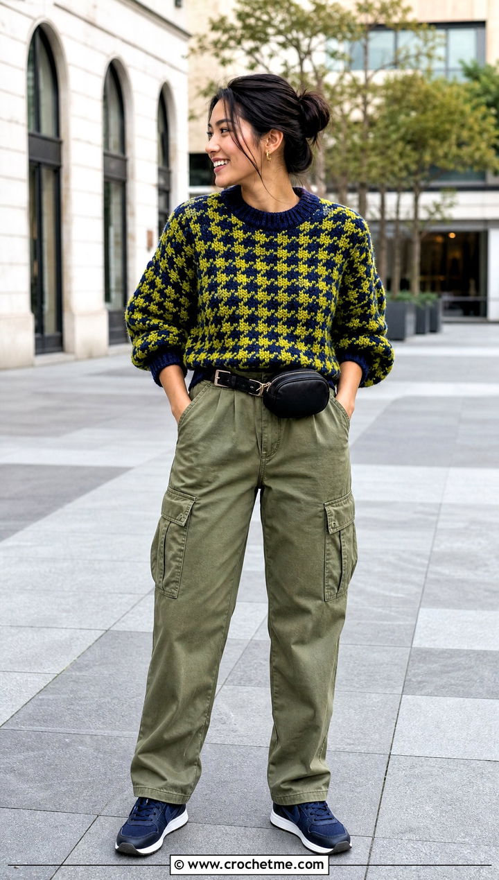 Balloon Sleeve Crochet Houndstooth Sweater With Cargo Pants - 35 crochet houndstooth sweater outfit ideas