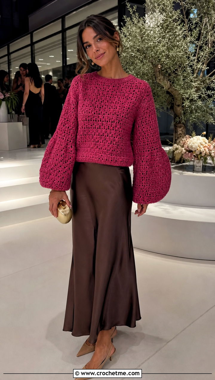Balloon Sleeve Crochet Jumper With Slip Skirt - 30 simple crochet jumper outfit ideas