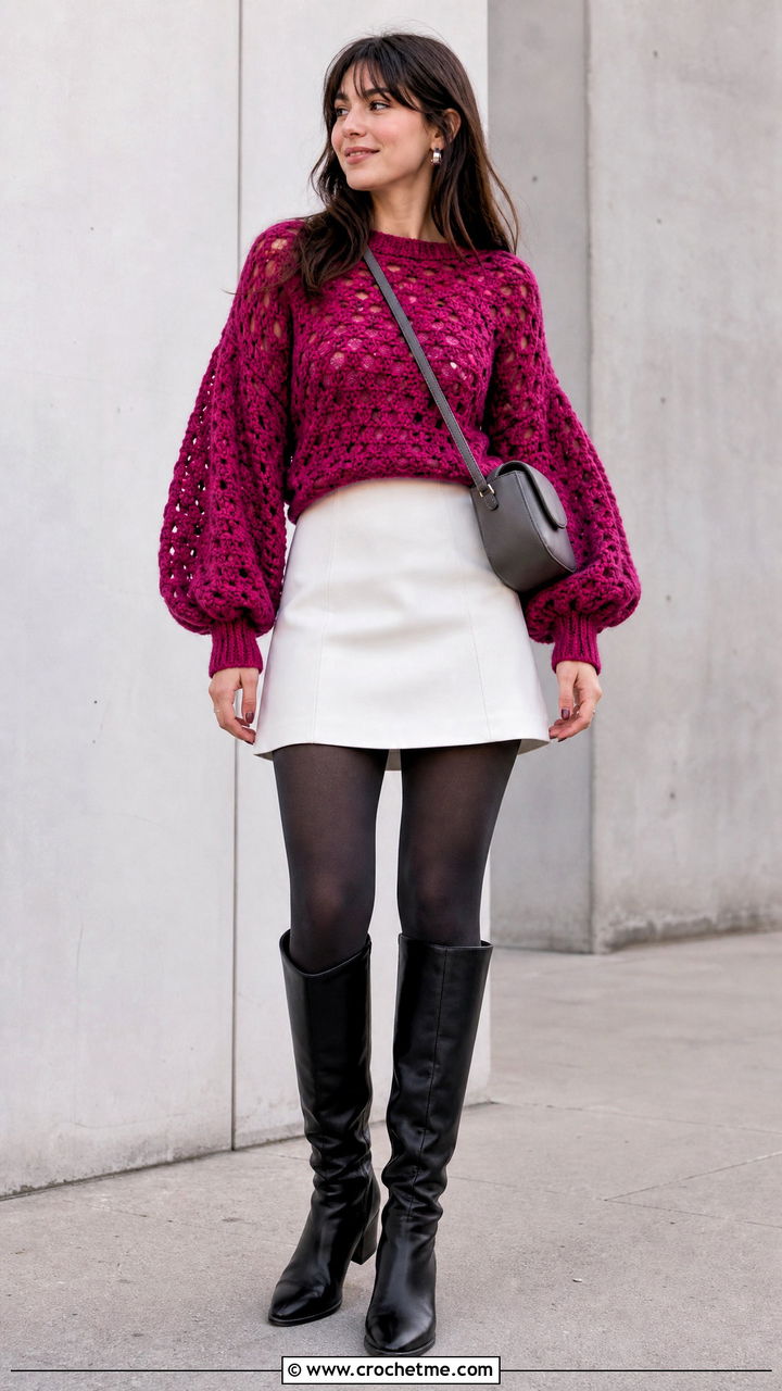 Balloon Sleeve Crochet Lace Sweater With Mini Skirt - 35 crochet lace sweater outfit ideas