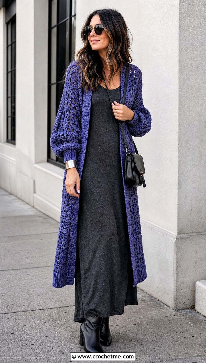 Balloon Sleeve Crochet Long Cardigan With a Maxi Dress - 20 Easy Crochet Long Cardigan outfit ideas
