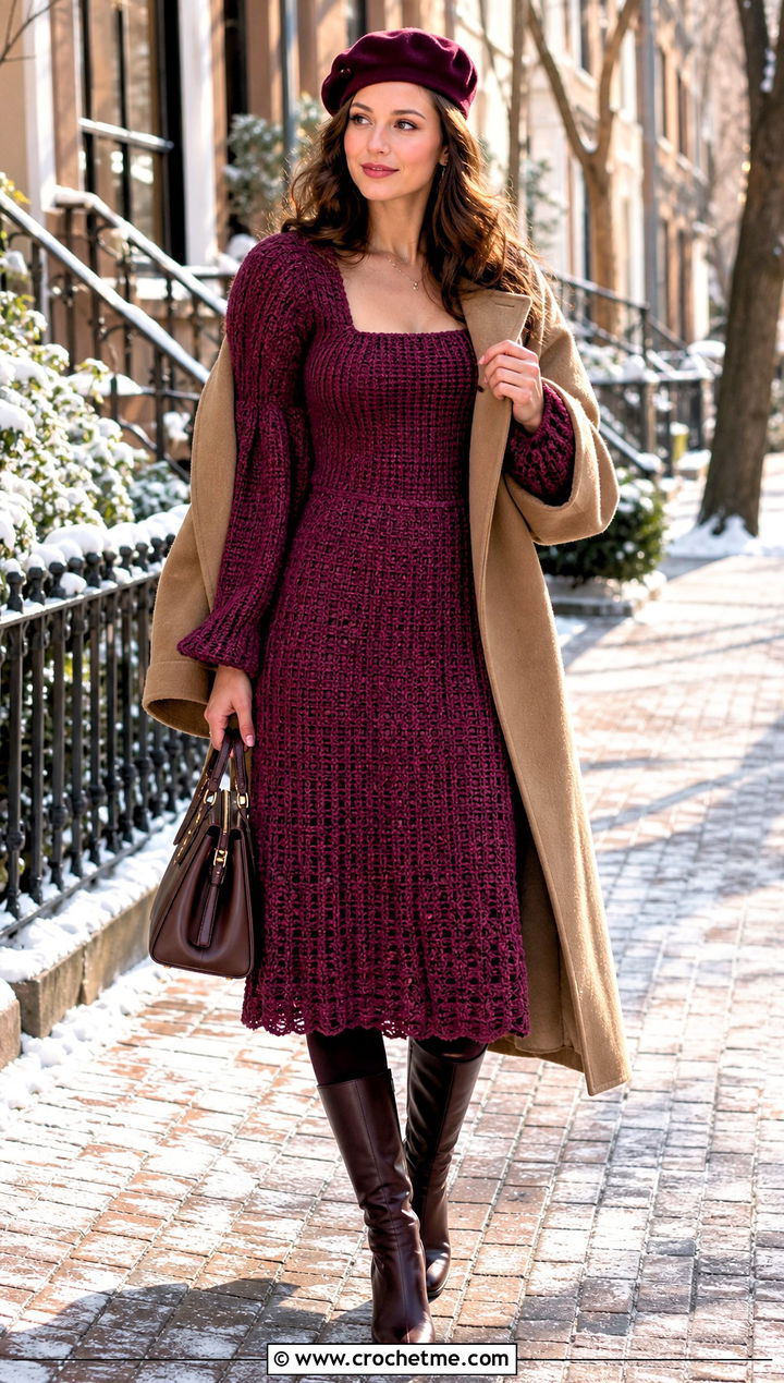 Balloon Sleeve Crochet Milkmaid Dress With Wool Coat - 30 crochet milkmaid dress outfit ideas