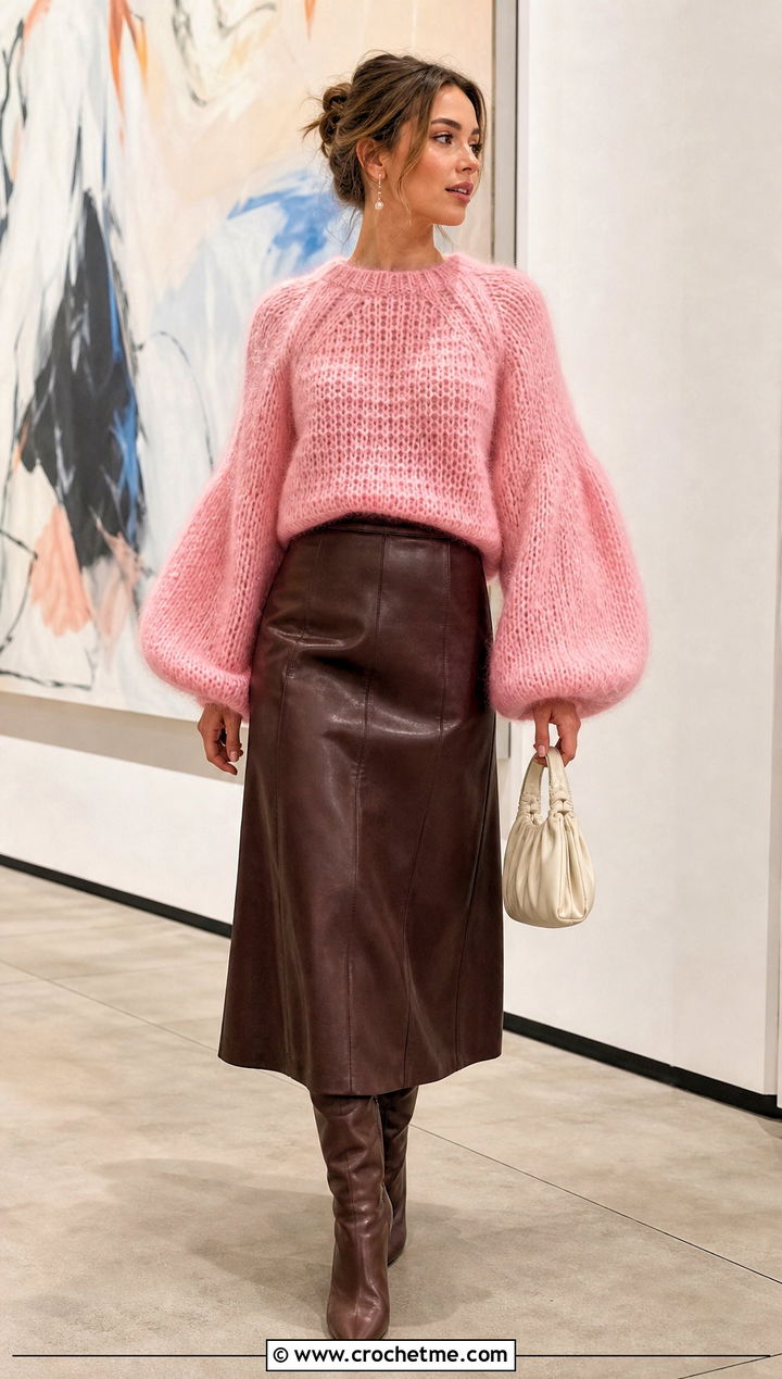 Balloon Sleeve Crochet Mohair Raglan Sweater With Leather Midi Skirt - 15 Crochet Mohair Raglan Sweater outfit ideas