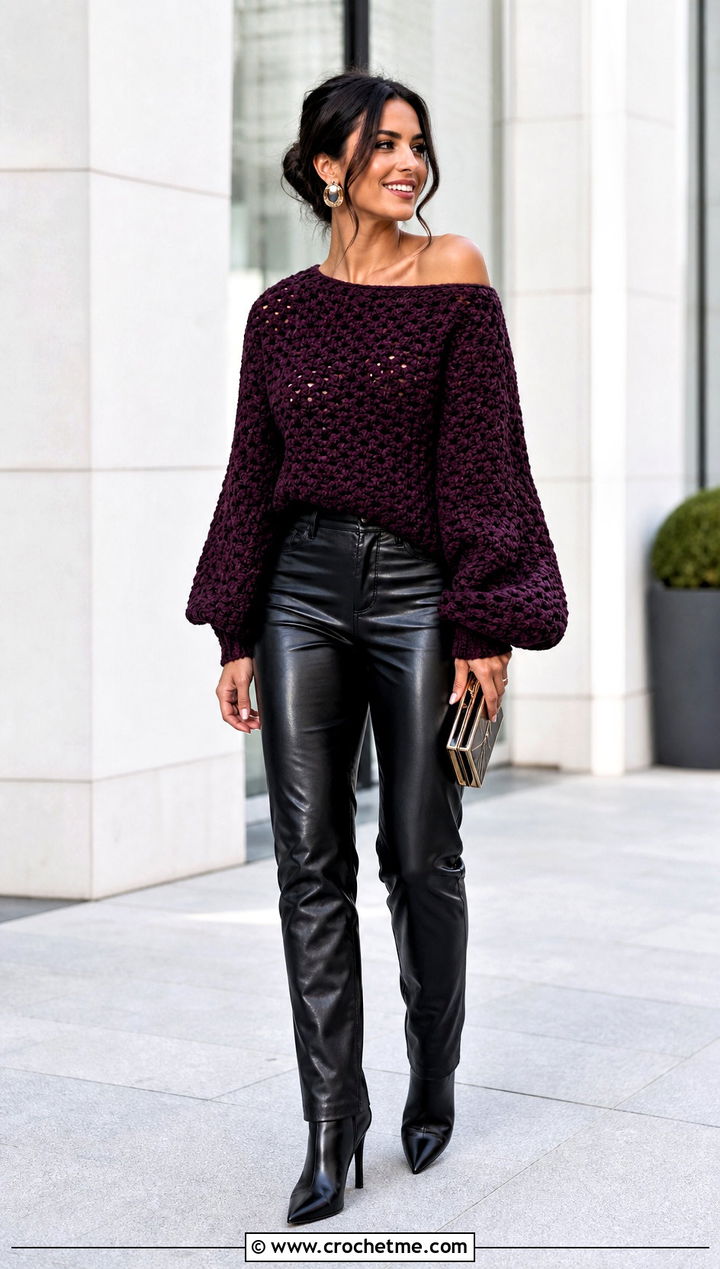 Balloon Sleeve Crochet Off Shoulder Sweater With Leather Pants - 25 Crochet Over The Shoulder Sweater outfit ideas