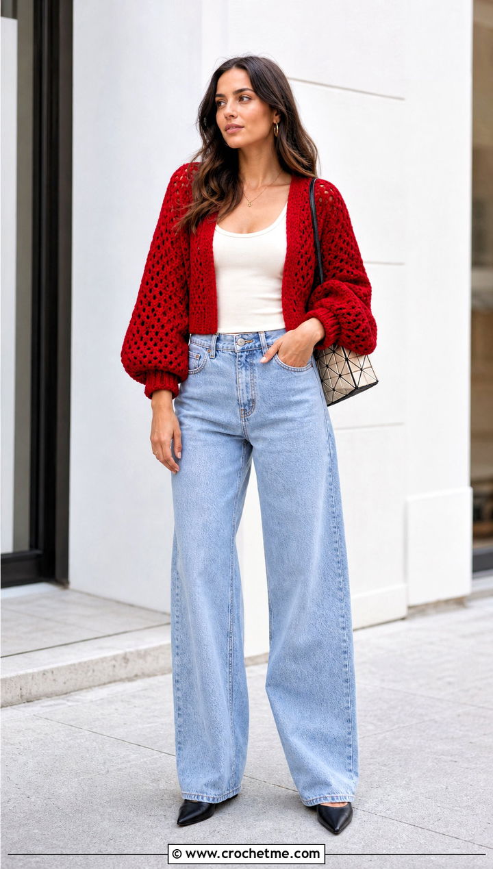 Balloon Sleeve Crochet One Piece Cardigan With Barrel Jeans - 30 crochet one piece cardigan outfit ideas