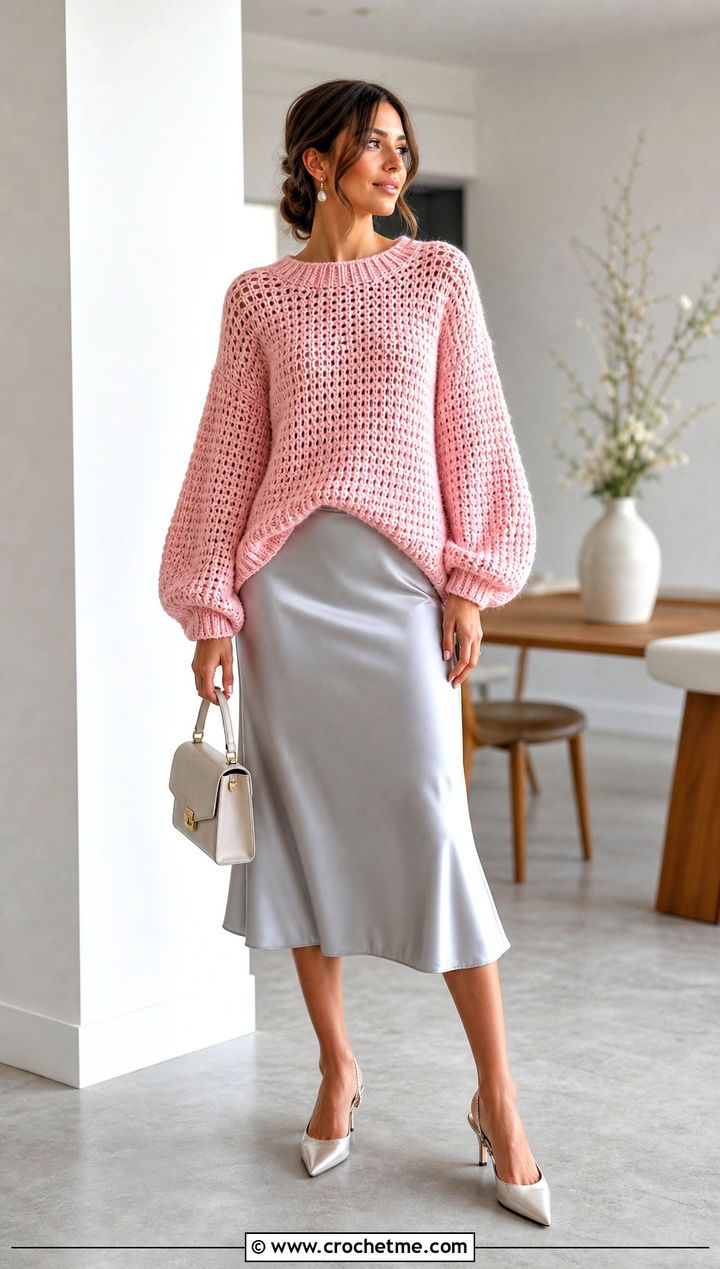 Balloon Sleeve Crochet Oversize Sweater With Satin Midi Skirt - 20 Crochet Oversize Sweater outfit ideas