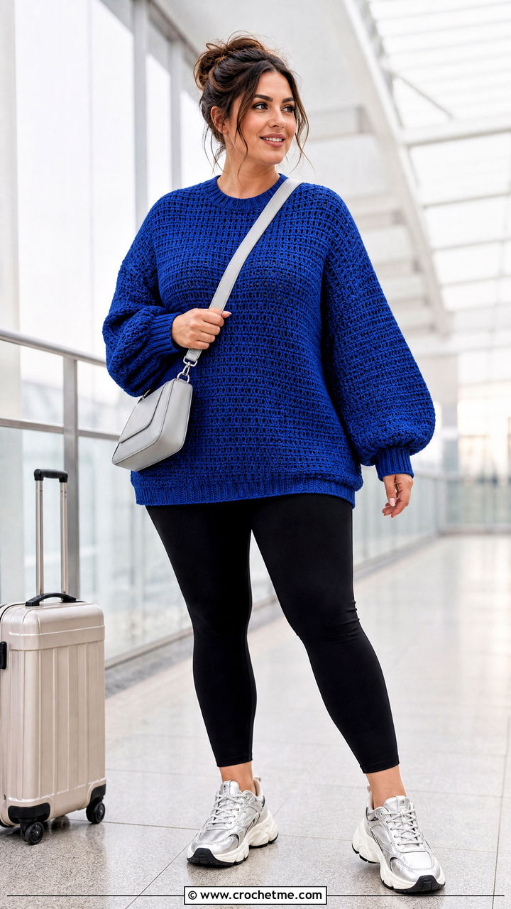 Balloon Sleeve Crochet Oversized Sweater With Leggings - 35 crochet oversized sweater outfit ideas
