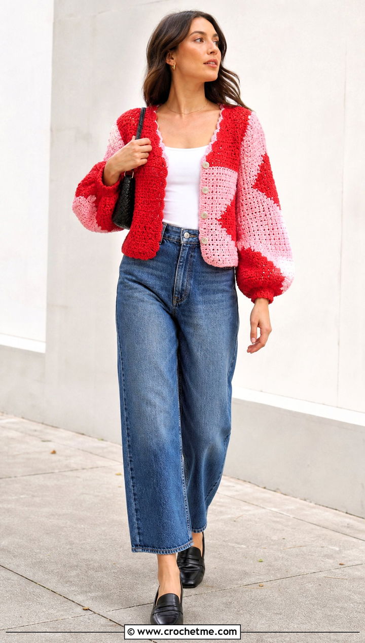 Balloon Sleeve Crochet Patched Cardigan With Barrel Jeans - 20 Crochet Patched Cardigan outfit ideas