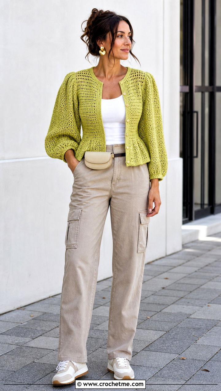 Balloon Sleeve Crochet Peplum Cardigan With Cargo Pants - 25 Crochet Peplum Cardigan outfit ideas