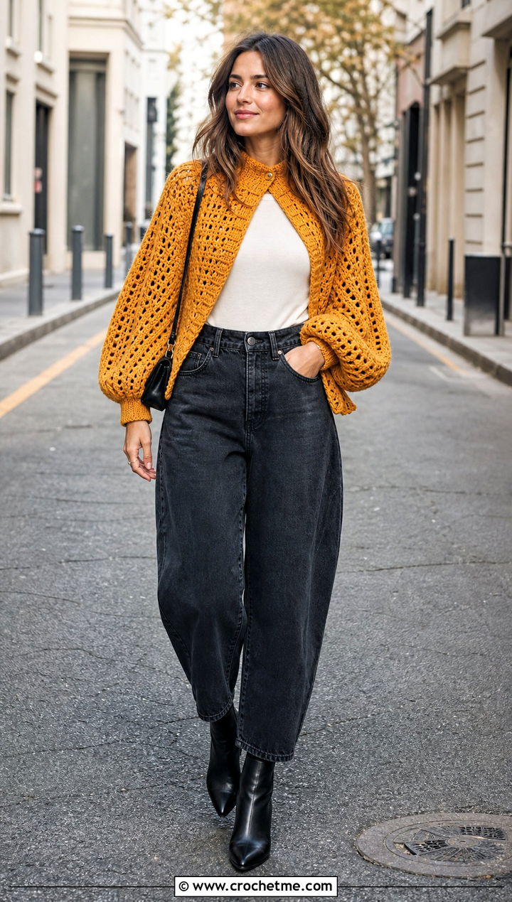 Balloon Sleeve Crochet Poncho With Sleeves And Barrel Jeans - 30 crochet poncho with sleeves outfit ideas