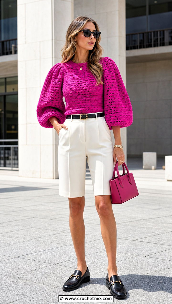 Balloon Sleeve Crochet Puff Sleeve Top With Tailored Shorts - 35 crochet puff sleeve top outfit ideas