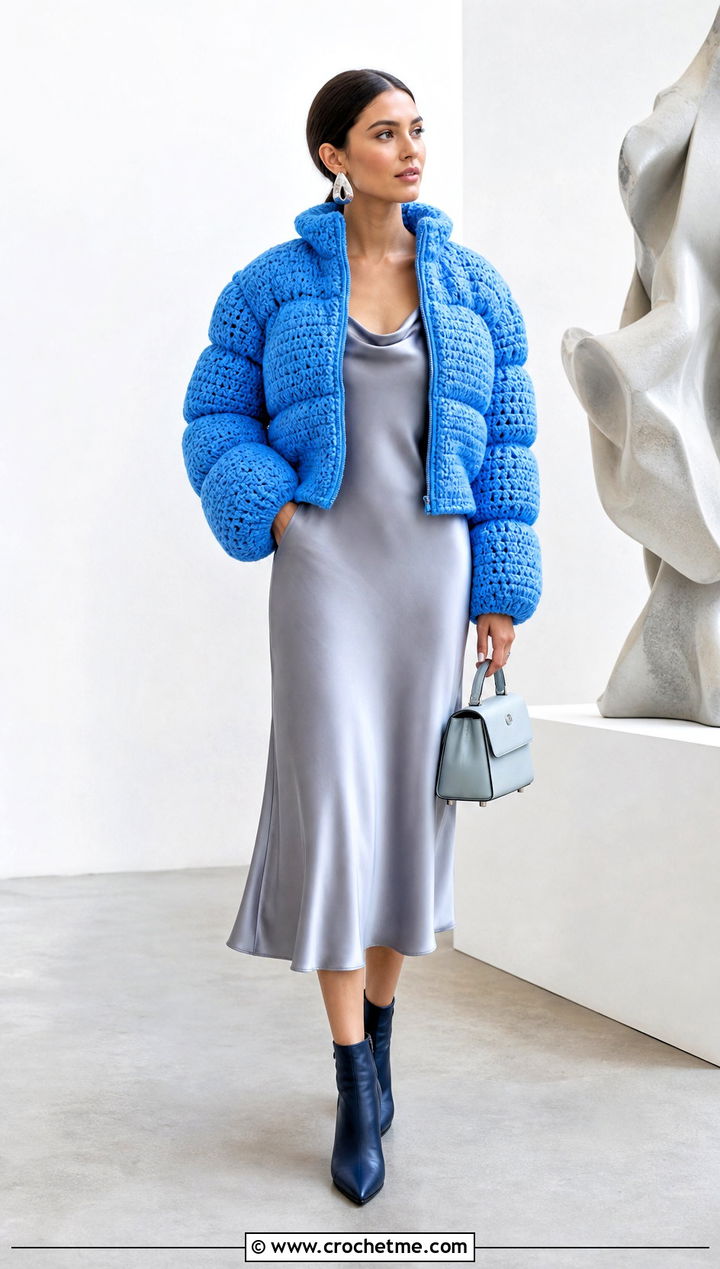 Balloon Sleeve Crochet Puffer Jacket With Slip Dress - 35 crochet puffer jacket outfit ideas