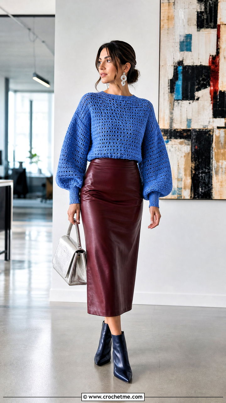 Balloon Sleeve Crochet Pullover With Leather Midi Skirt - 35 crochet pullover outfit ideas