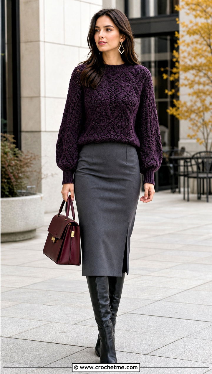 Balloon Sleeve Crochet Pullover With Pencil Skirt - 25 women crochet pullover outfit ideas