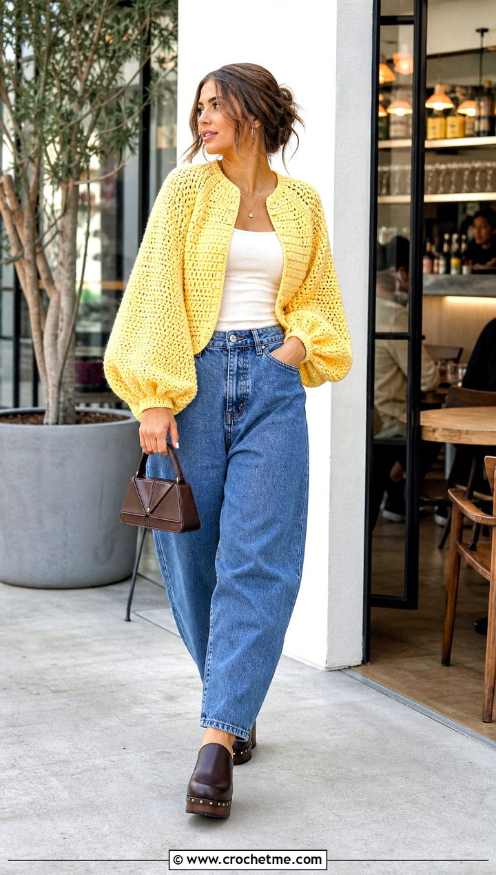 Balloon Sleeve Crochet Raglan Jacket With Barrel Jeans - 15 crochet raglan jacket outfit ideas