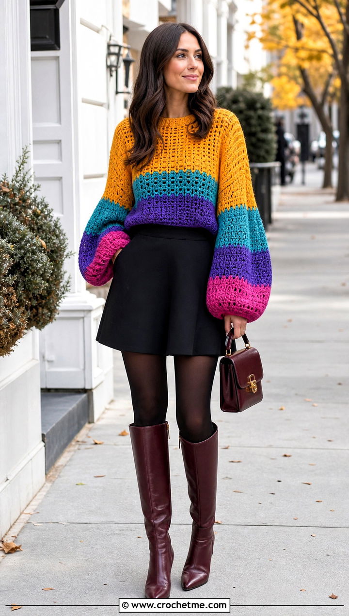 Balloon Sleeve Crochet Rainbow Sweater With Mini Skirt And Boots - 20 Crochet Rainbow Sweater outfit ideas