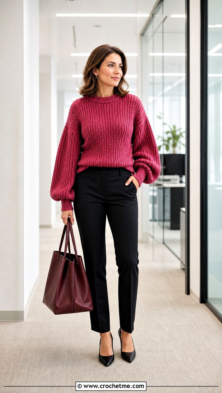 Balloon Sleeve Crochet Ribbed Sweater With Cigarette Trousers - 35 crochet ribbed sweater outfit ideas