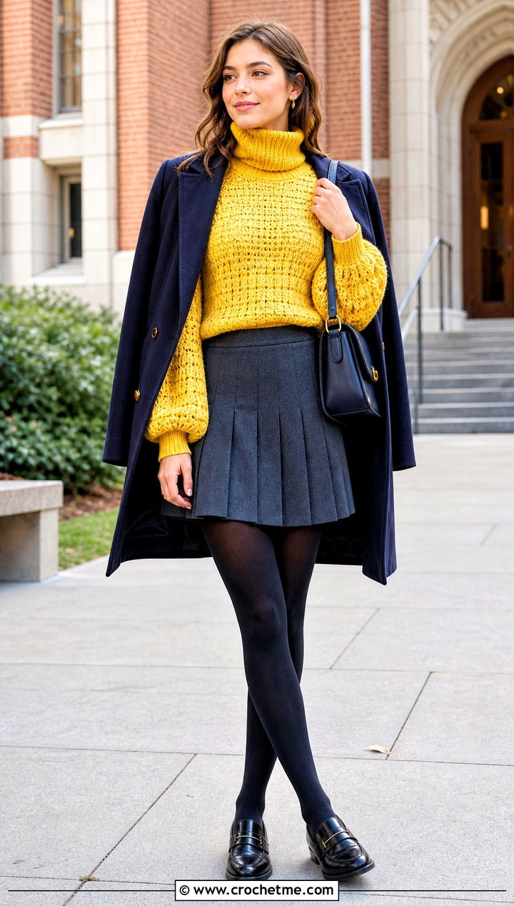 Balloon Sleeve Crochet Roll Neck Sweater With Pleated Mini Skirt - 20 Crochet Roll Neck Sweater outfit ideas