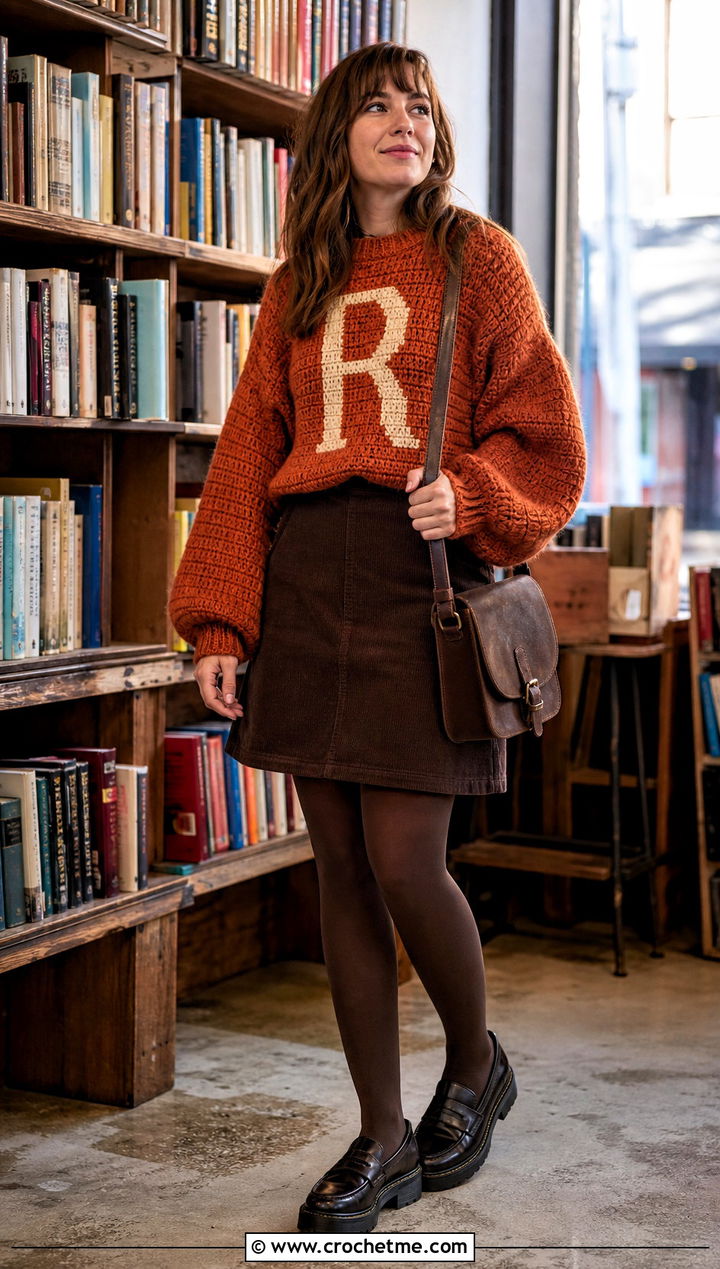 Balloon Sleeve Crochet Ron Weasley Sweater With Corduroy Mini Skirt - 25 Crochet Ron Weasley Sweater outfit ideas