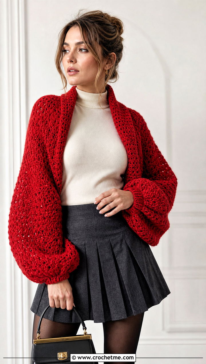 Balloon Sleeve Crochet Scarf With Pleated Mini Skirt - 30 crochet sleeve scarf outfit ideas
