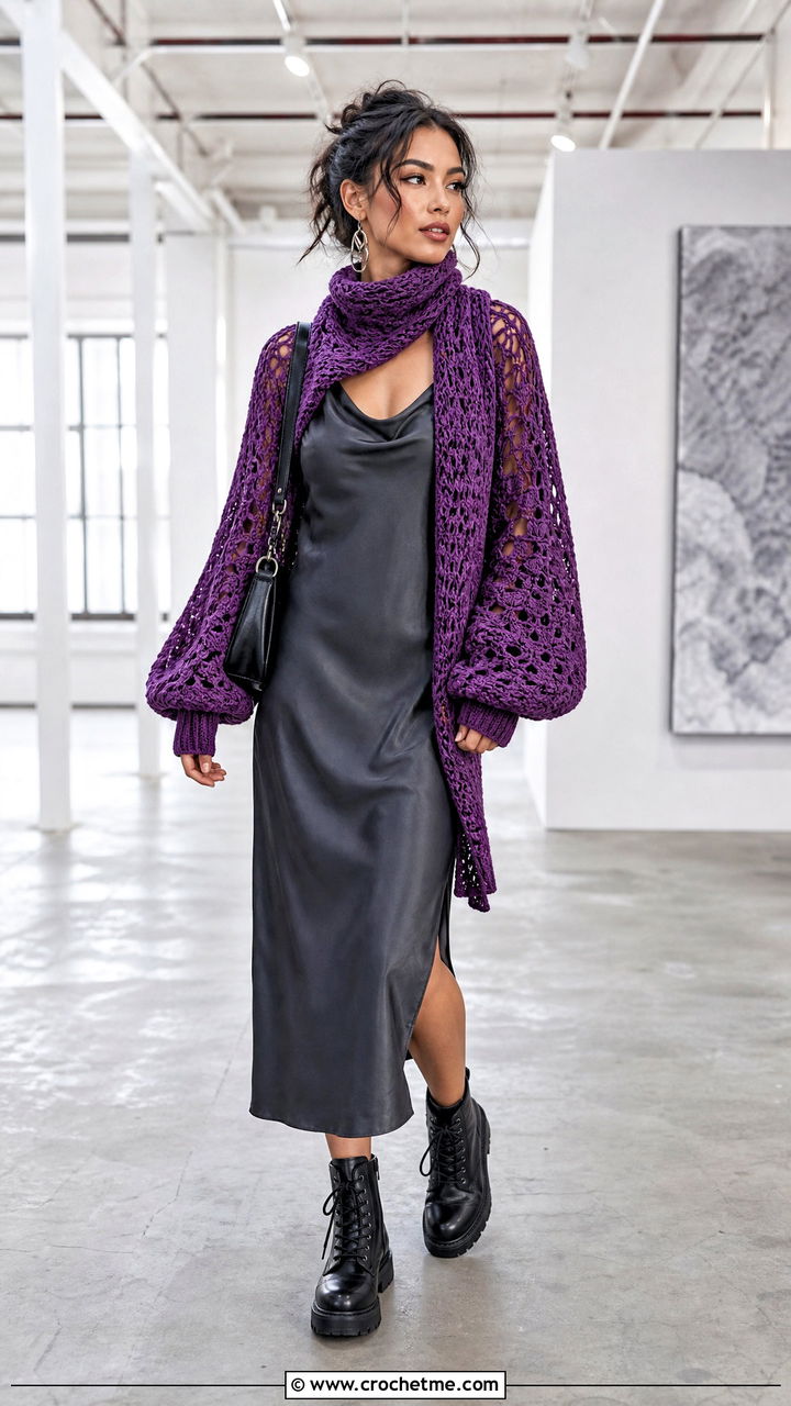 Balloon Sleeve Crochet Scarf With Sleeves And Slip Dress - 35 crochet scarf with sleeves outfit ideas