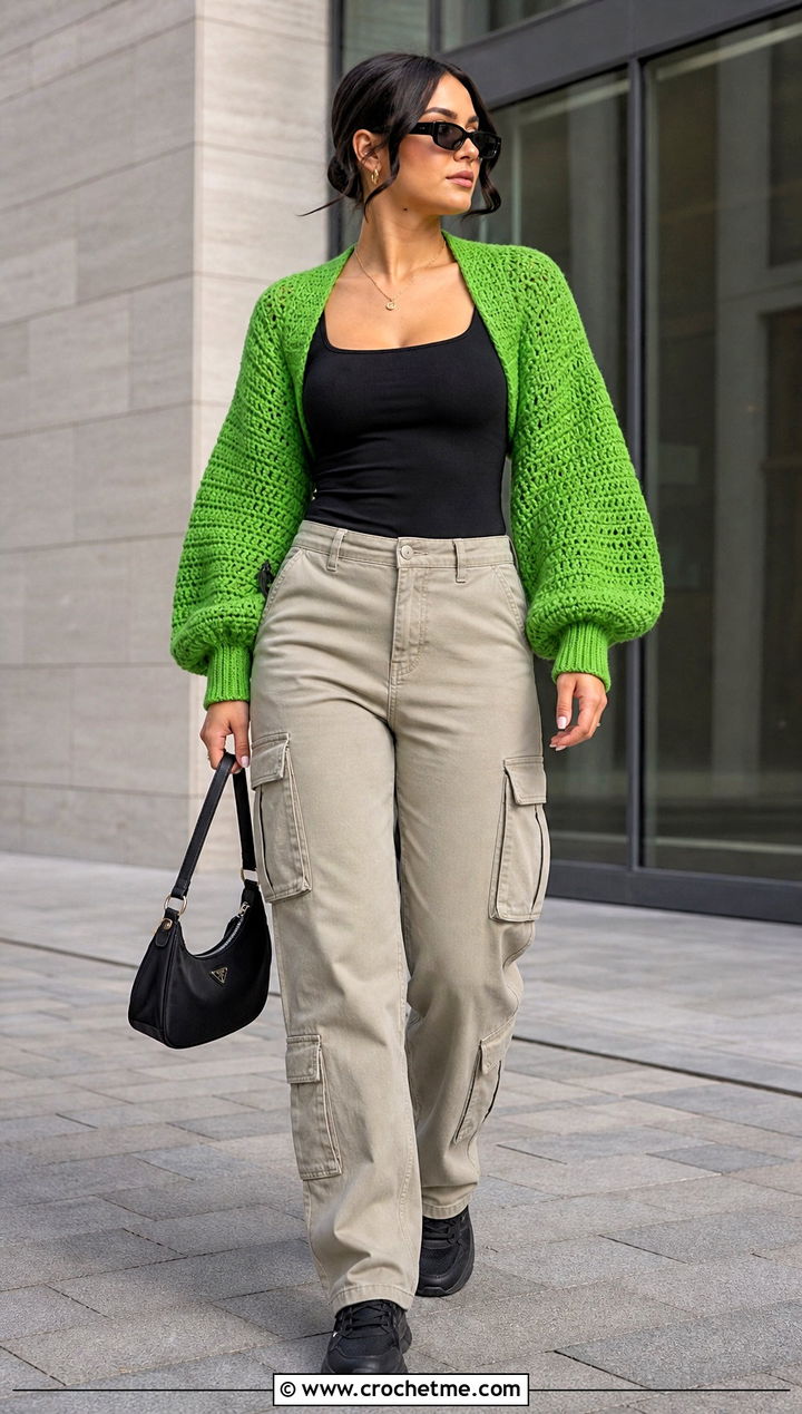 Balloon Sleeve Crochet Shrug With Cargo Pants - 25 cute crochet shrug outfit ideas