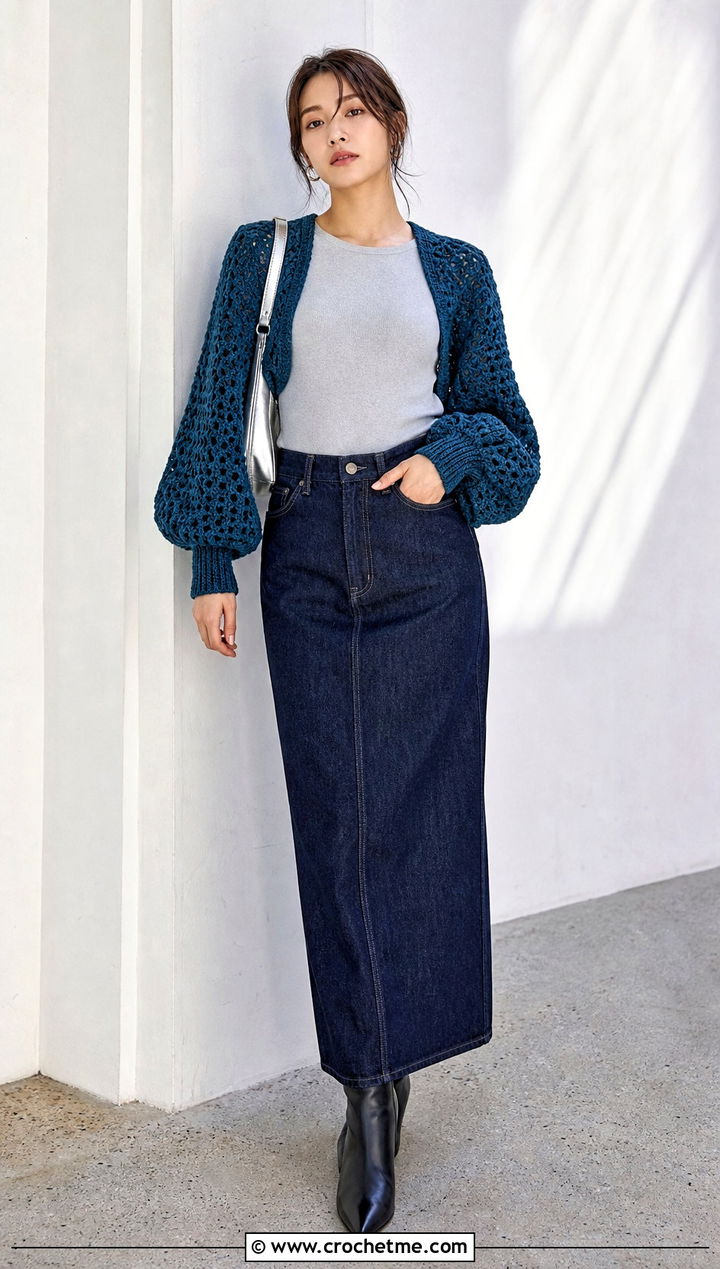 Balloon Sleeve Crochet Shrug With Column Skirt - 30 crochet sweater sleeves outfit ideas