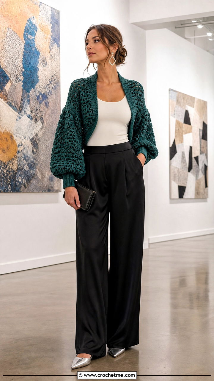 Balloon Sleeve Crochet Shrug With Satin Pants - 35 easy crochet shrug outfit ideas
