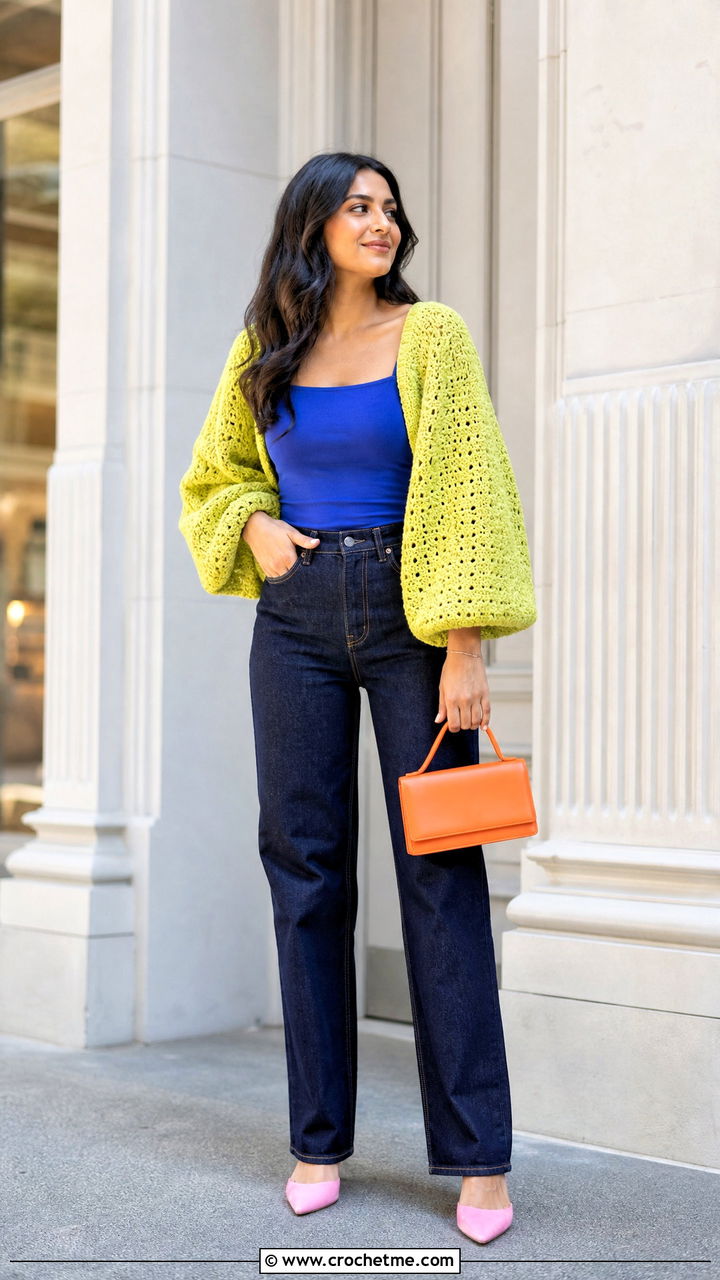 Balloon Sleeve Crochet Shrug With Straight Leg Jeans - 35 crochet shrug outfit ideas