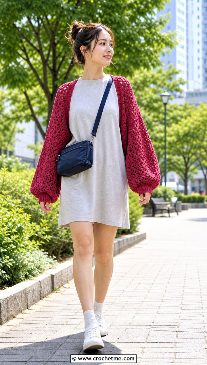 Balloon Sleeve Crochet Shrug With T Shirt Dress And Sneakers - 30 crochet long sleeve shrug outfit ideas