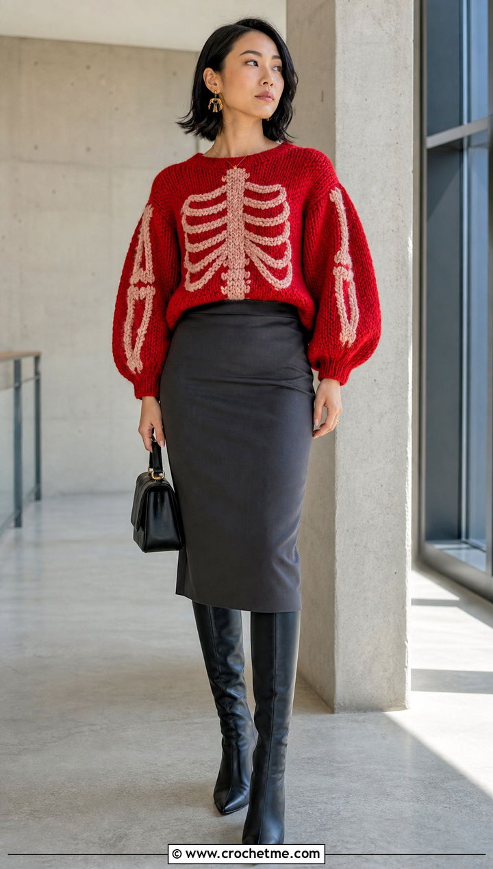 Balloon Sleeve Crochet Skeleton Sweater With Pencil Skirt - 30 Crochet Skeleton Sweater outfit ideas