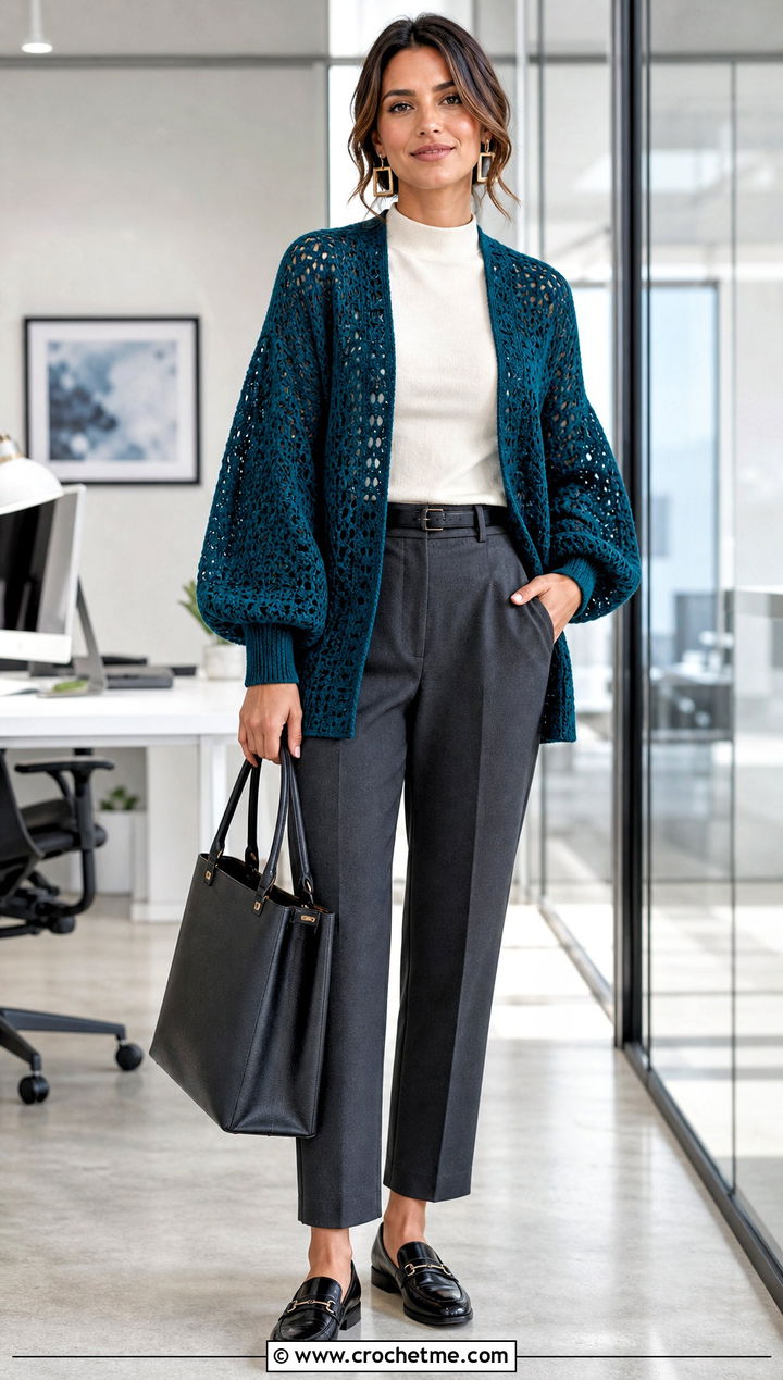 Balloon Sleeve Crochet Slouchy Cardigan With Tailored Trousers - 20 Crochet Slouchy Cardigan outfit ideas