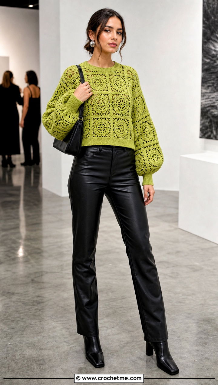 Balloon Sleeve Crochet Square Sweater With Leather Pants - 35 Crochet Square Sweater outfit ideas