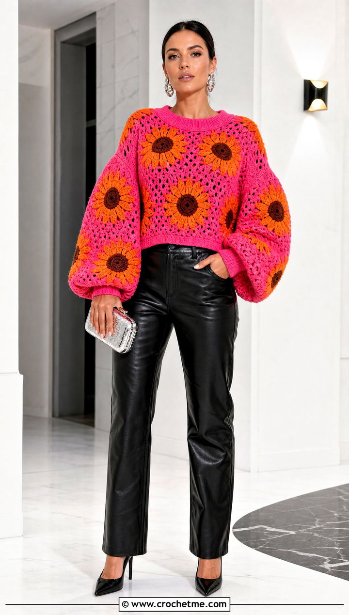 Balloon Sleeve Crochet Sunflower Sweater With Leather Pants - 35 crochet sunflower sweater outfit ideas