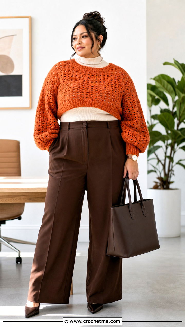 Balloon Sleeve Crochet Super Crop With Tailored Trousers - 15 Crochet Super Cropped Sweater outfit ideas
