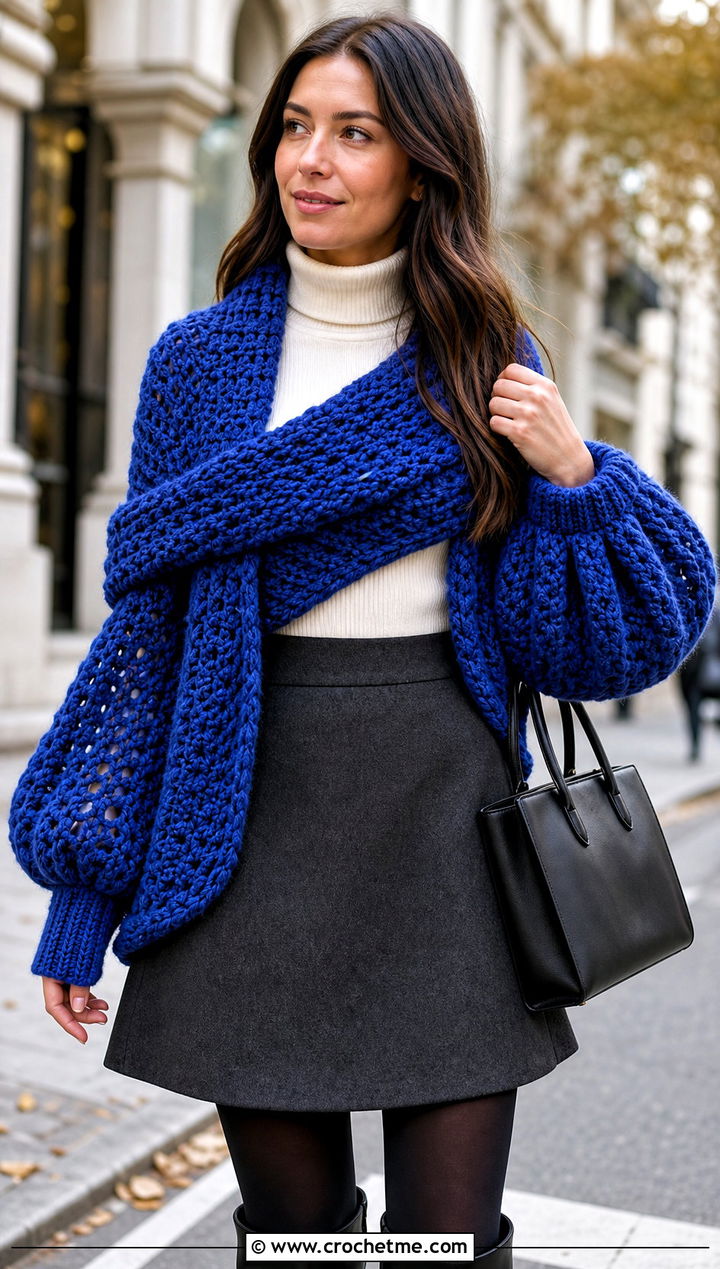 Balloon Sleeve Crochet Sweater Scarf Wrap With Mini Skirt - 30 crochet scarf sweater wrap outfit ideas