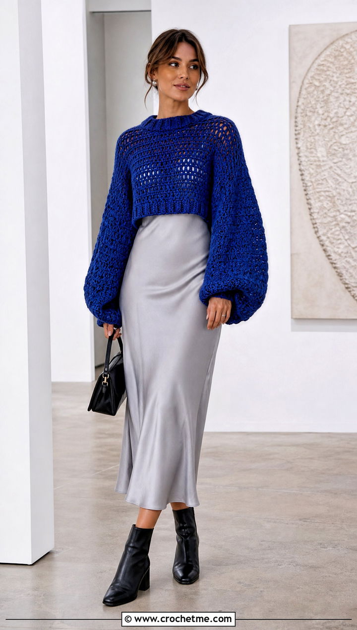 Balloon Sleeve Crochet Sweater Top With Slip Dress - 35 Crochet Top Sweater outfit ideas