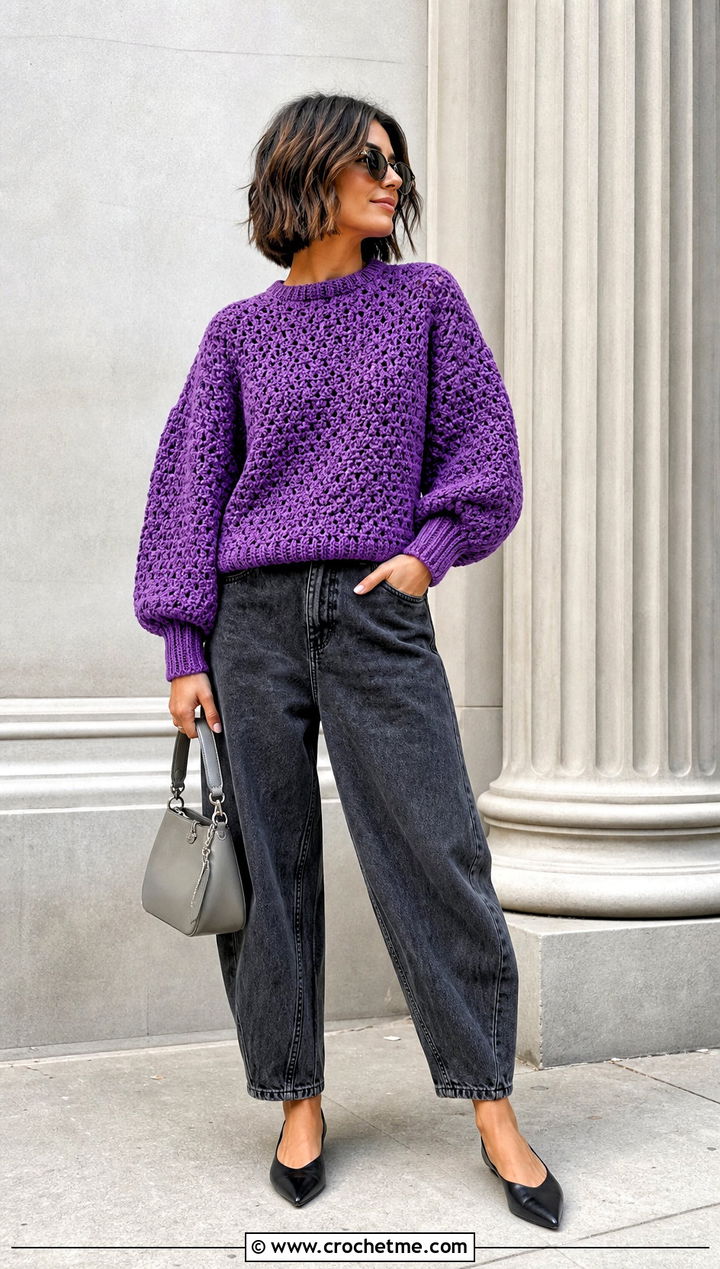 Balloon Sleeve Crochet Sweater With Barrel Jeans - 30 fall crochet sweaters outfit ideas
