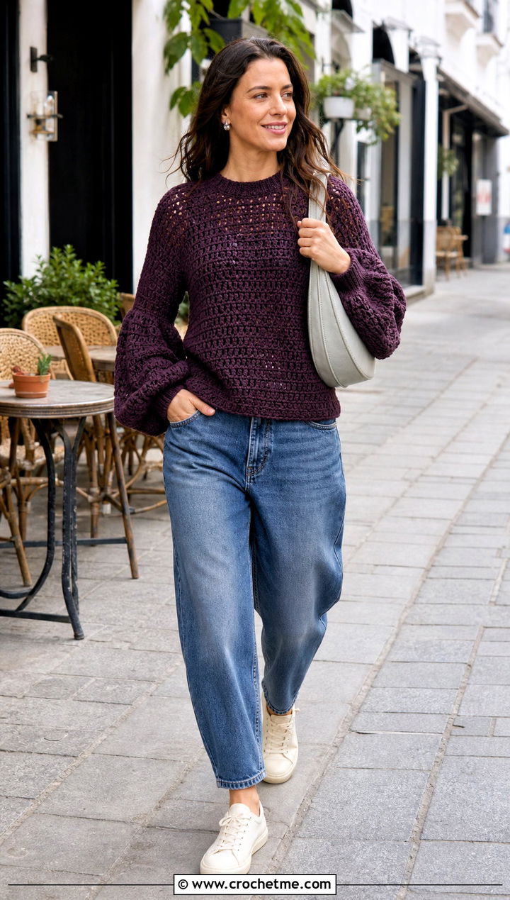 Balloon Sleeve Crochet Sweater With Barrel Jeans - 15 Bohemian Style Crochet Sweater outfit ideas
