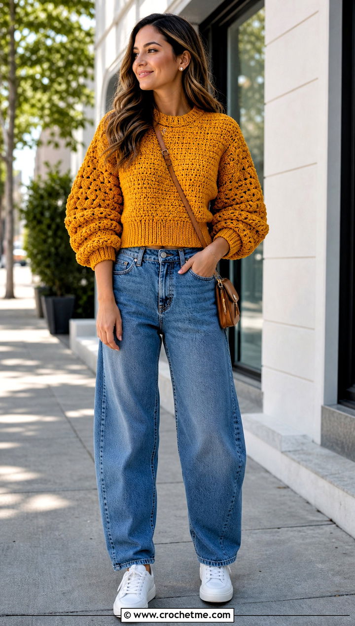 Balloon Sleeve Crochet Sweater With Barrel Jeans - 30 crochet key sweater outfit ideas
