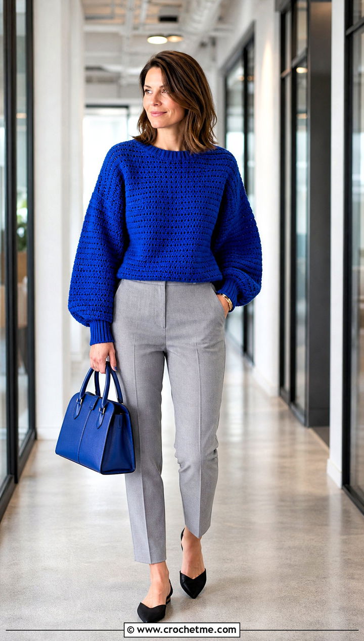 Balloon Sleeve Crochet Sweater With Cigarette Pants - 35 crochet sweater for women outfit ideas