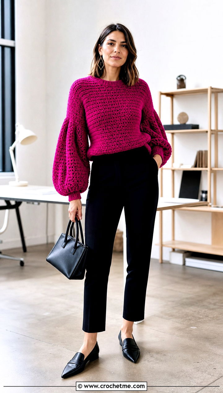 Balloon Sleeve Crochet Sweater With Cigarette Pants - 30 knit look crochet sweater outfit ideas