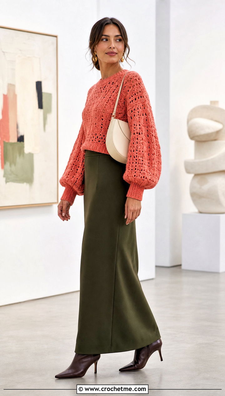 Balloon Sleeve Crochet Sweater With Column Maxi Skirt - 15 Simple Crochet Sweater Design outfit ideas