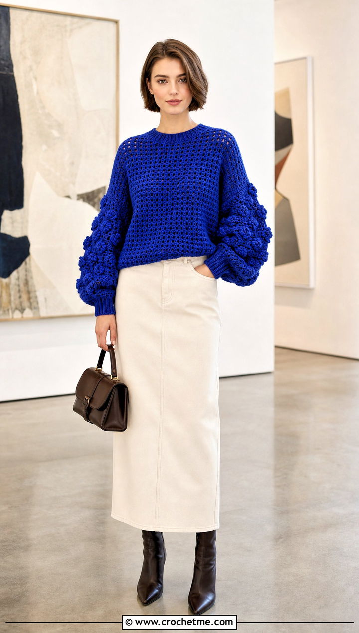 Balloon Sleeve Crochet Sweater With Column Skirt - 25 unisex crochet sweater outfit ideas