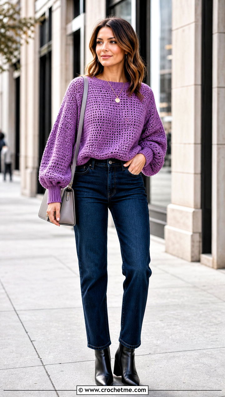 Balloon Sleeve Crochet Sweater With Dark Wash Jeans - 20 Easy Crochet Sweater For Women outfit ideas
