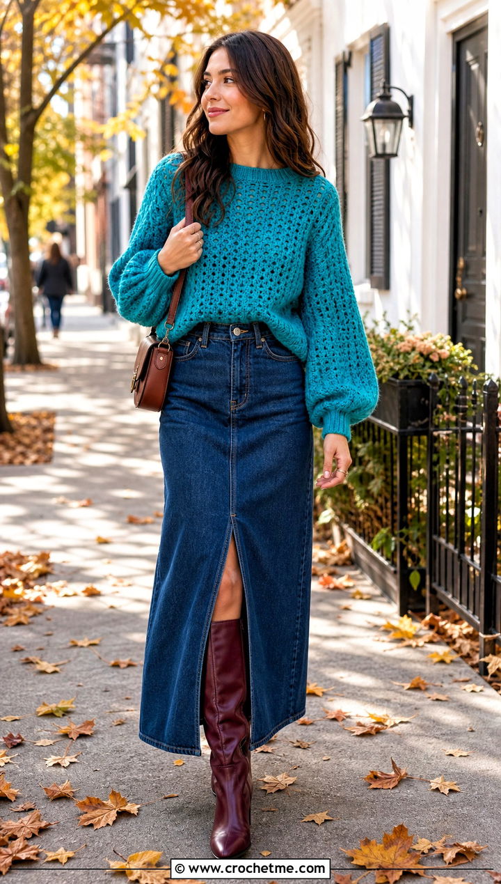 Balloon Sleeve Crochet Sweater With Denim Maxi Skirt - 15 vibrant crochet sweater design outfit ideas