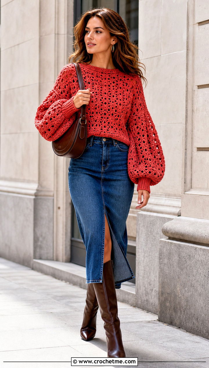 Balloon Sleeve Crochet Sweater With Denim Midi Skirt - 15 Customizable Crochet Sweater Design outfit ideas