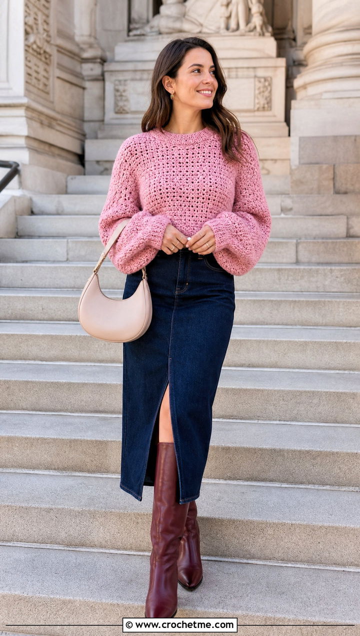 Balloon Sleeve Crochet Sweater With Denim Midi Skirt - 15 Sweaters To Crochet For Women outfit ideas