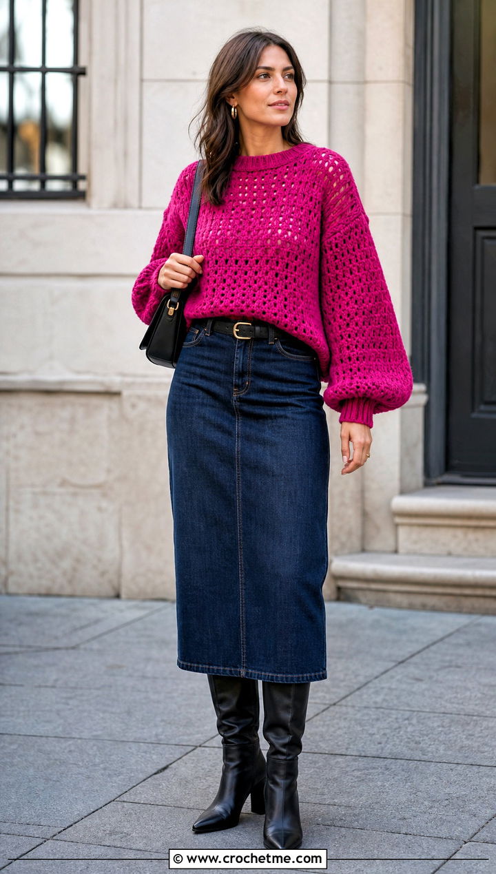 Balloon Sleeve Crochet Sweater With Denim Midi Skirt - 20 Crochet Lightweight Sweater outfit ideas